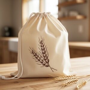 Breathable Muslin Bread Bag with Wheat Stalk Design, Reusable Sourdough Storage